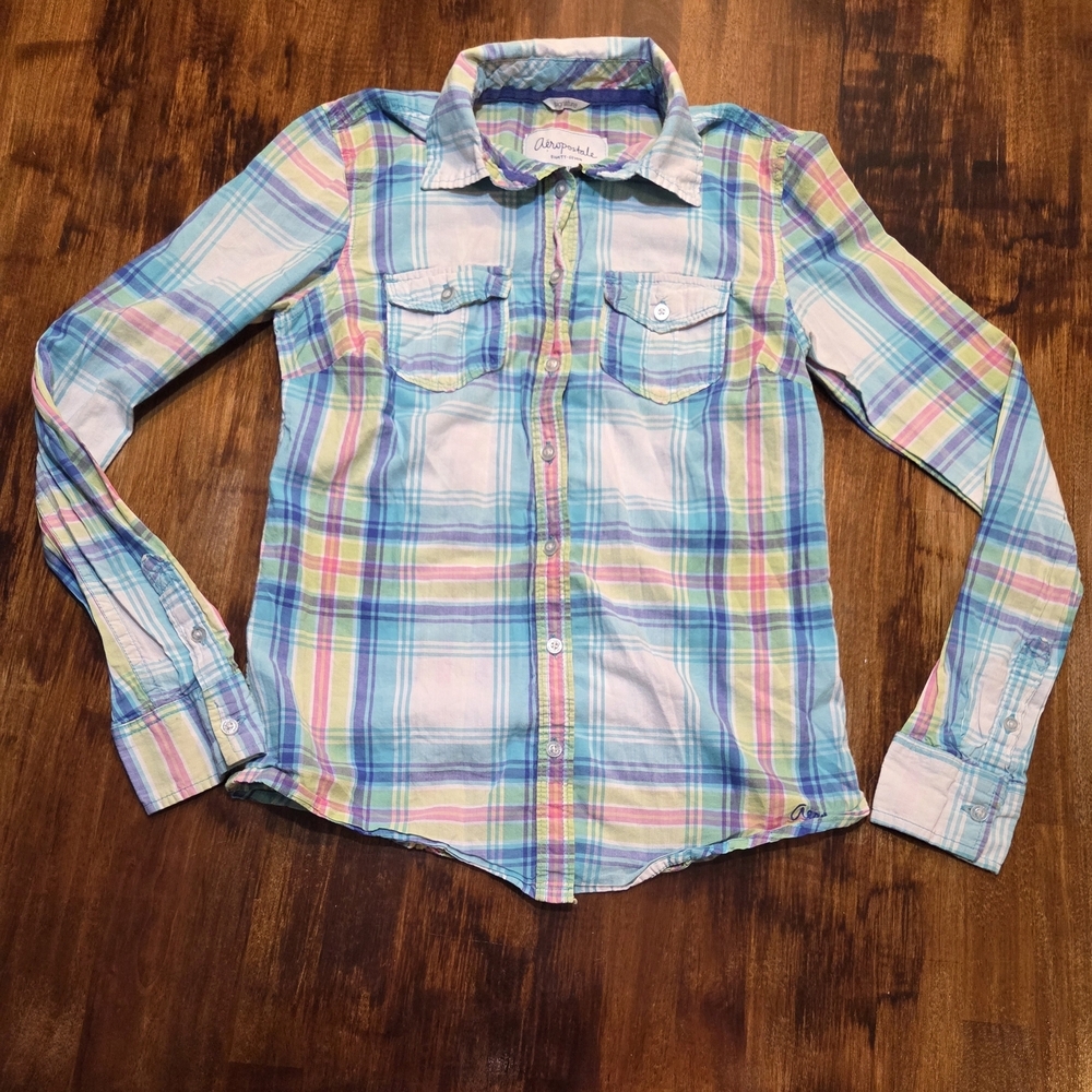 Y2k Aeropostal plaid button down shirt pink and blue size XS